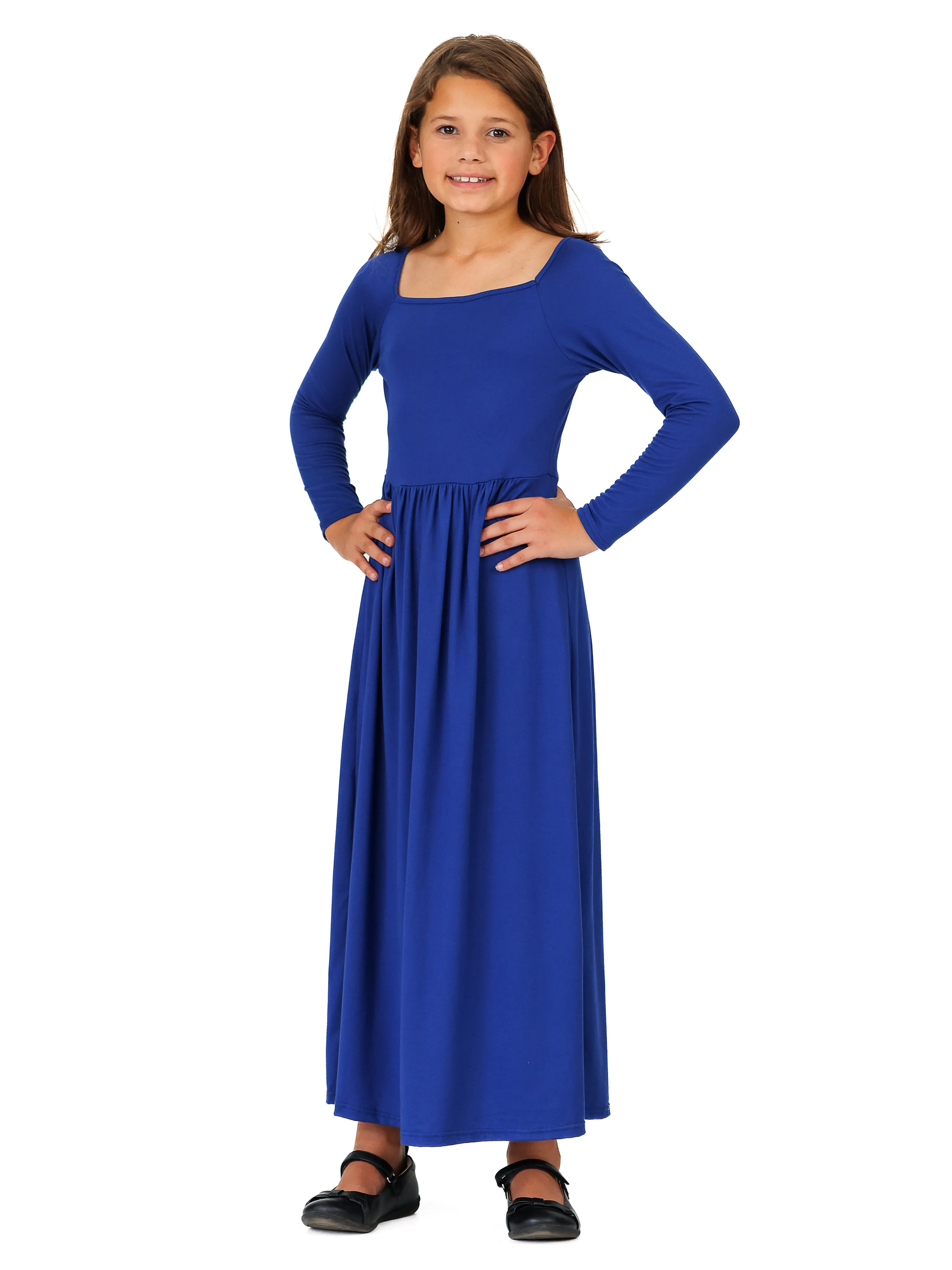 24seven Comfort Apparel Girls Long Sleeve Pleated Maxi Dress Solid Color