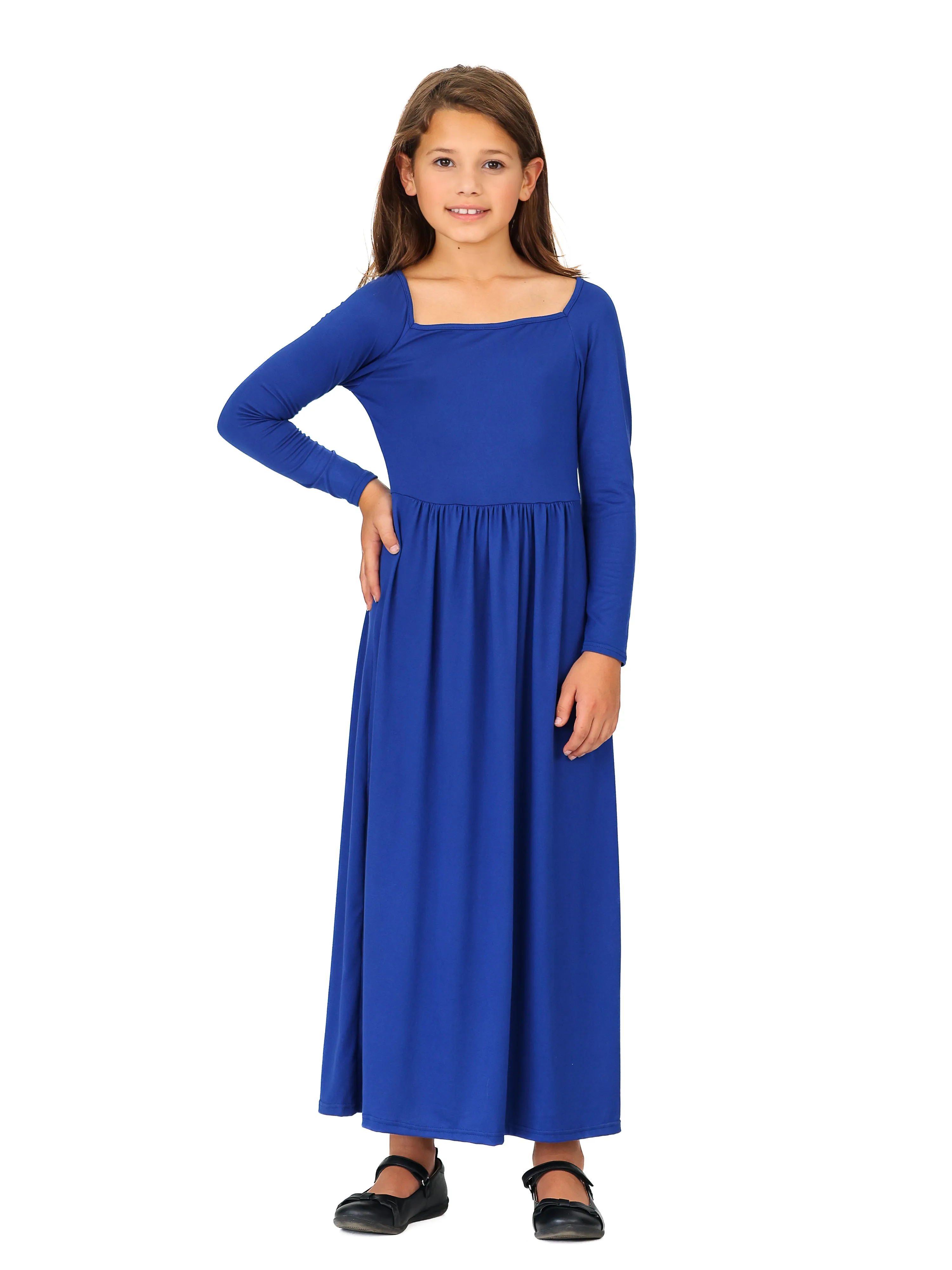 24seven Comfort Apparel Girls Long Sleeve Pleated Maxi Dress Solid Color