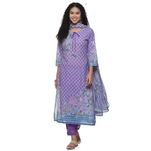 BIBA Cotton Women Printed Straight Salwar Kurta Dupatta (Skdassorted7483E_Lavendar_34)