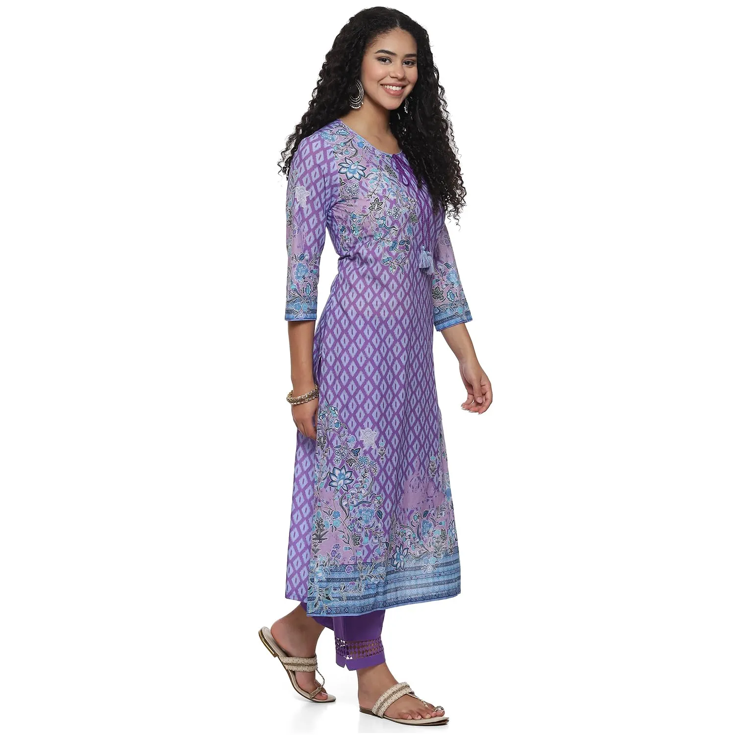 BIBA Cotton Women Printed Straight Salwar Kurta Dupatta (Skdassorted7483E_Lavendar_34)