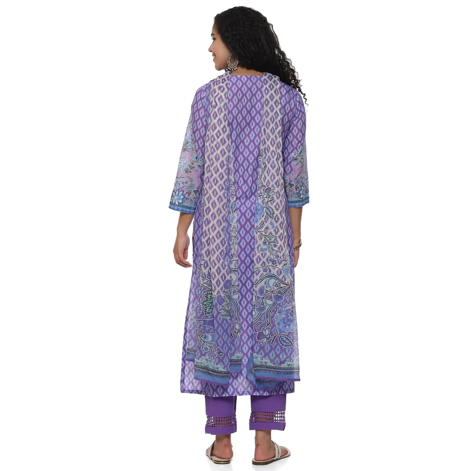 BIBA Cotton Women Printed Straight Salwar Kurta Dupatta (Skdassorted7483E_Lavendar_34)