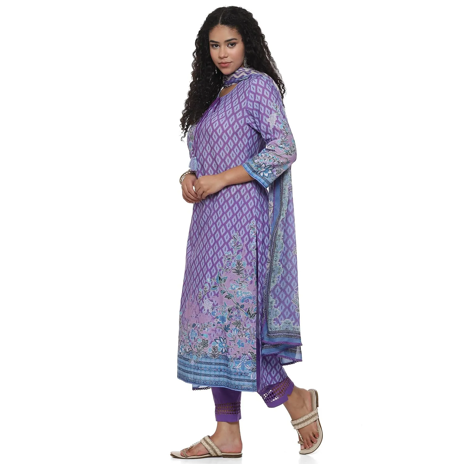 BIBA Cotton Women Printed Straight Salwar Kurta Dupatta (Skdassorted7483E_Lavendar_34)