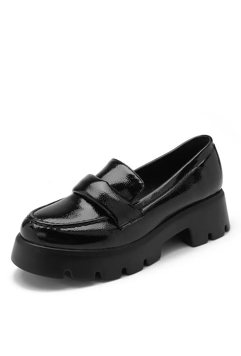 BLACK FAUX HIGH SHINE LEATHER CHUNKY SLIP ON LOAFERS