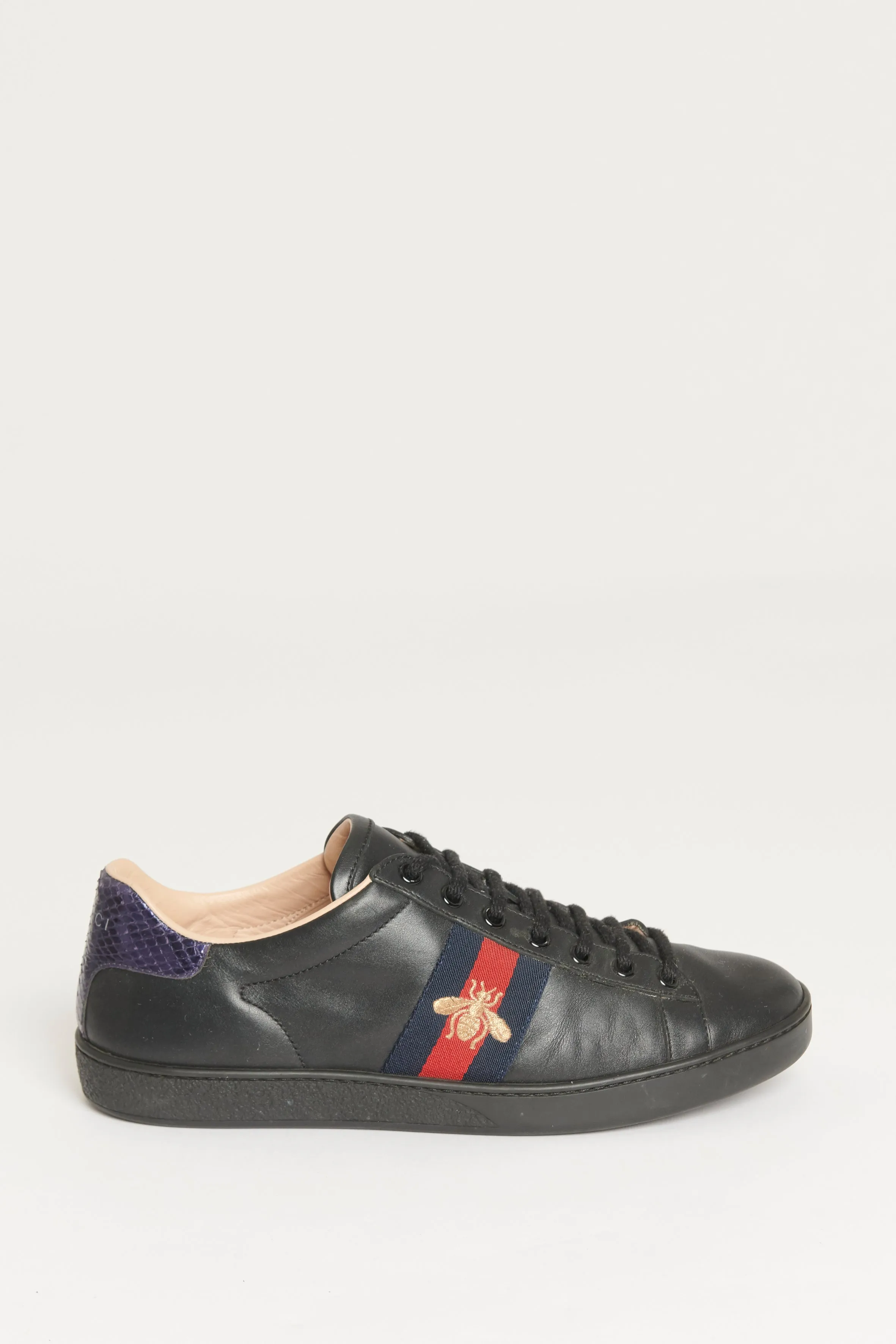 Black Leather Embroidered Bee Web Ace Trainers