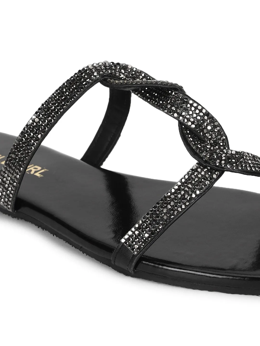 Black PU Twisted Diamante Strap Slip Ons (TC-ST-1218-BLK)