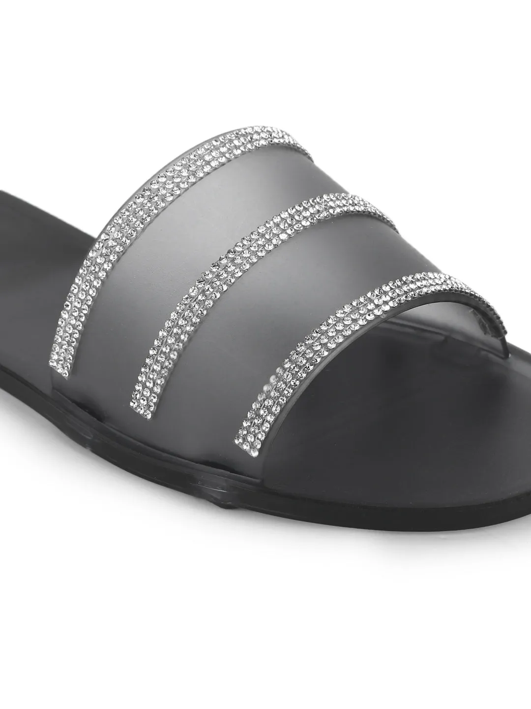 Black PVC Diamante Slip On Flats