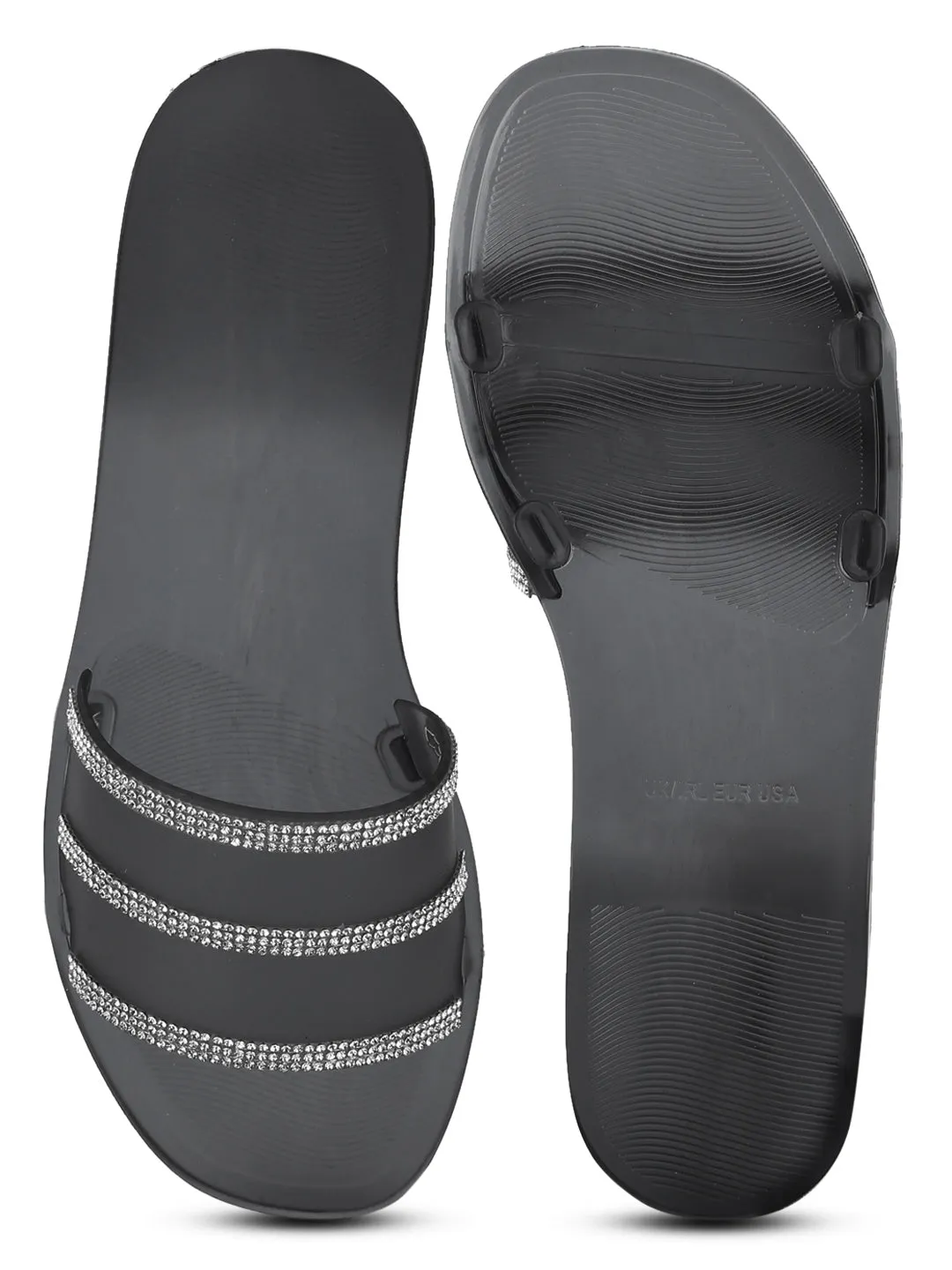 Black PVC Diamante Slip On Flats