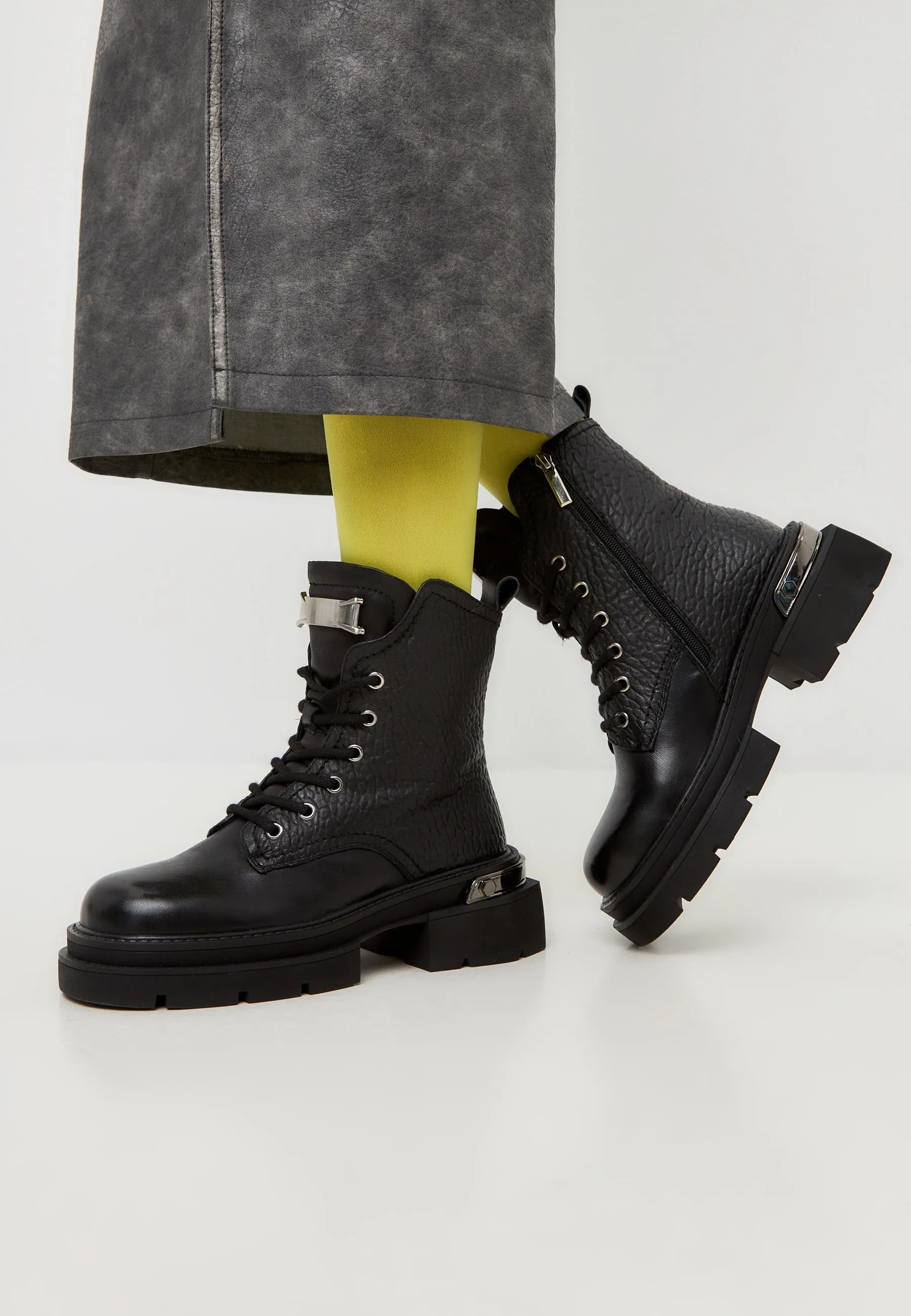 Black Textured Leather Combat Boots with Metal Accents