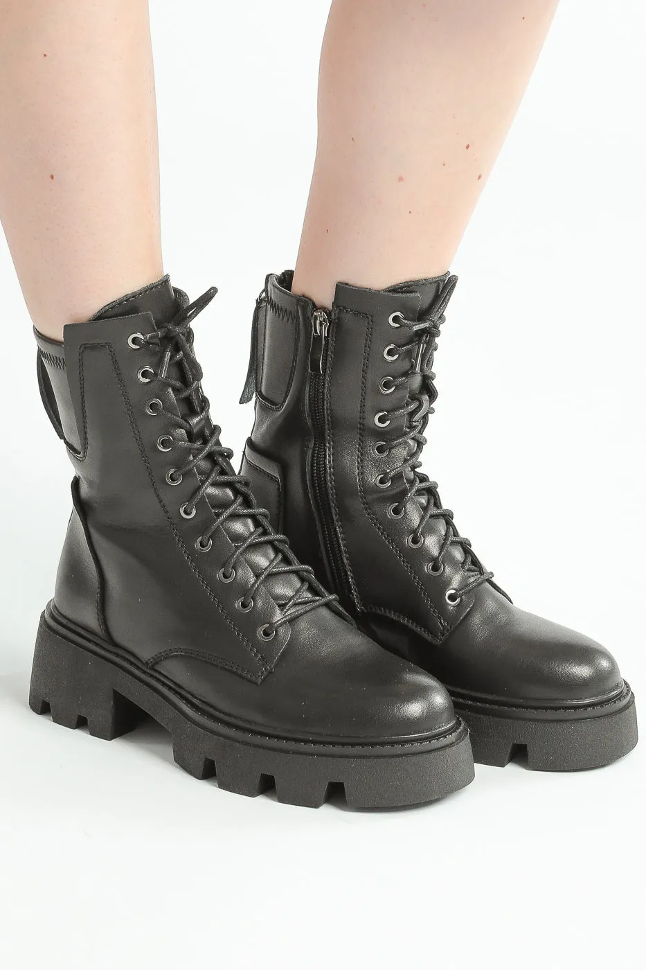 Chunky Leather Lace-Up Combat Boots