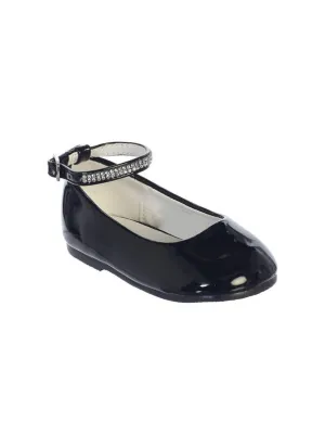 Girls Black Patent Rhinestone Encrusted Ankle Strap Flats 9 Toddler-5 Kids