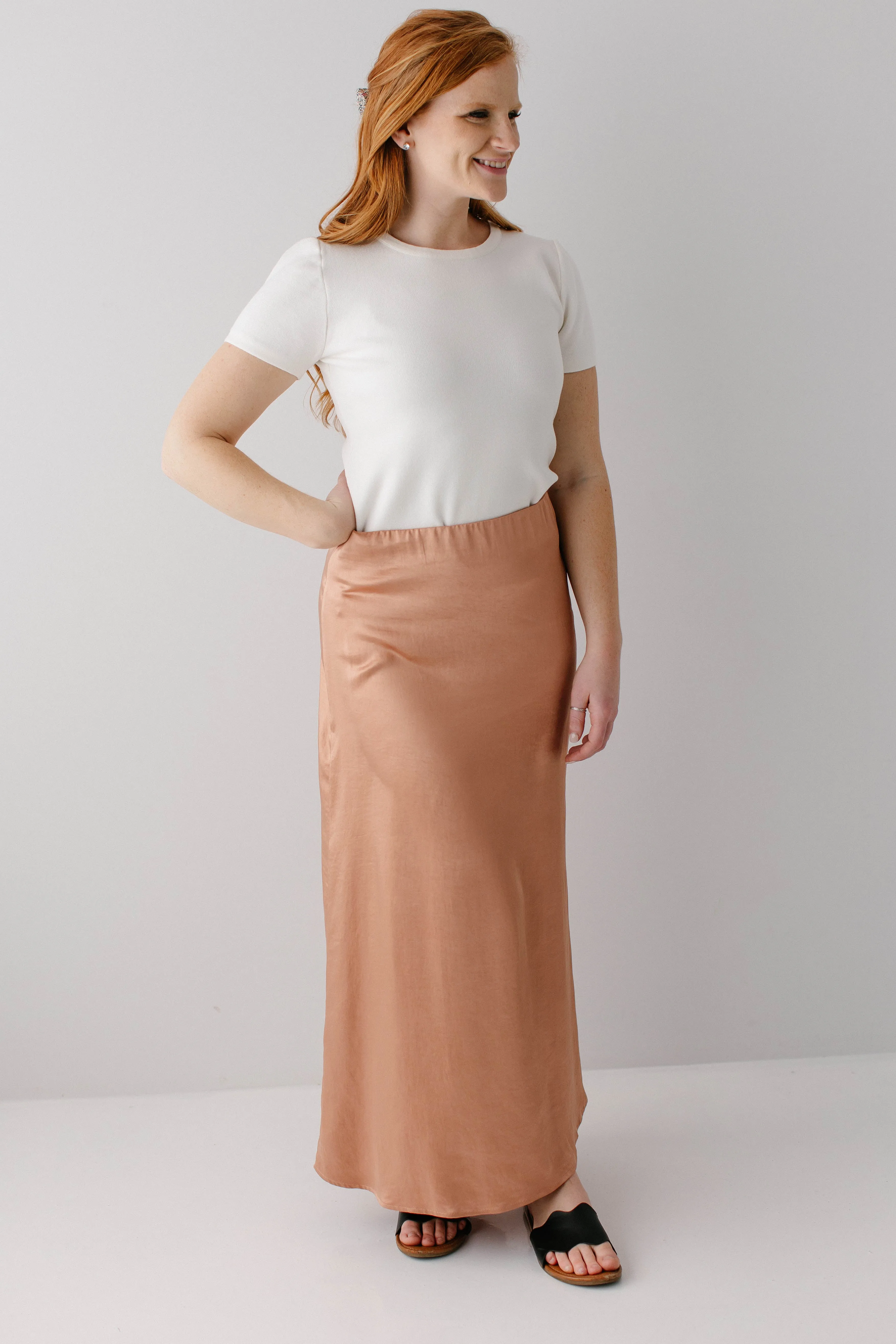 'Jolie' Stretch Satin Midi Skirt in Light Copper FINAL SALE