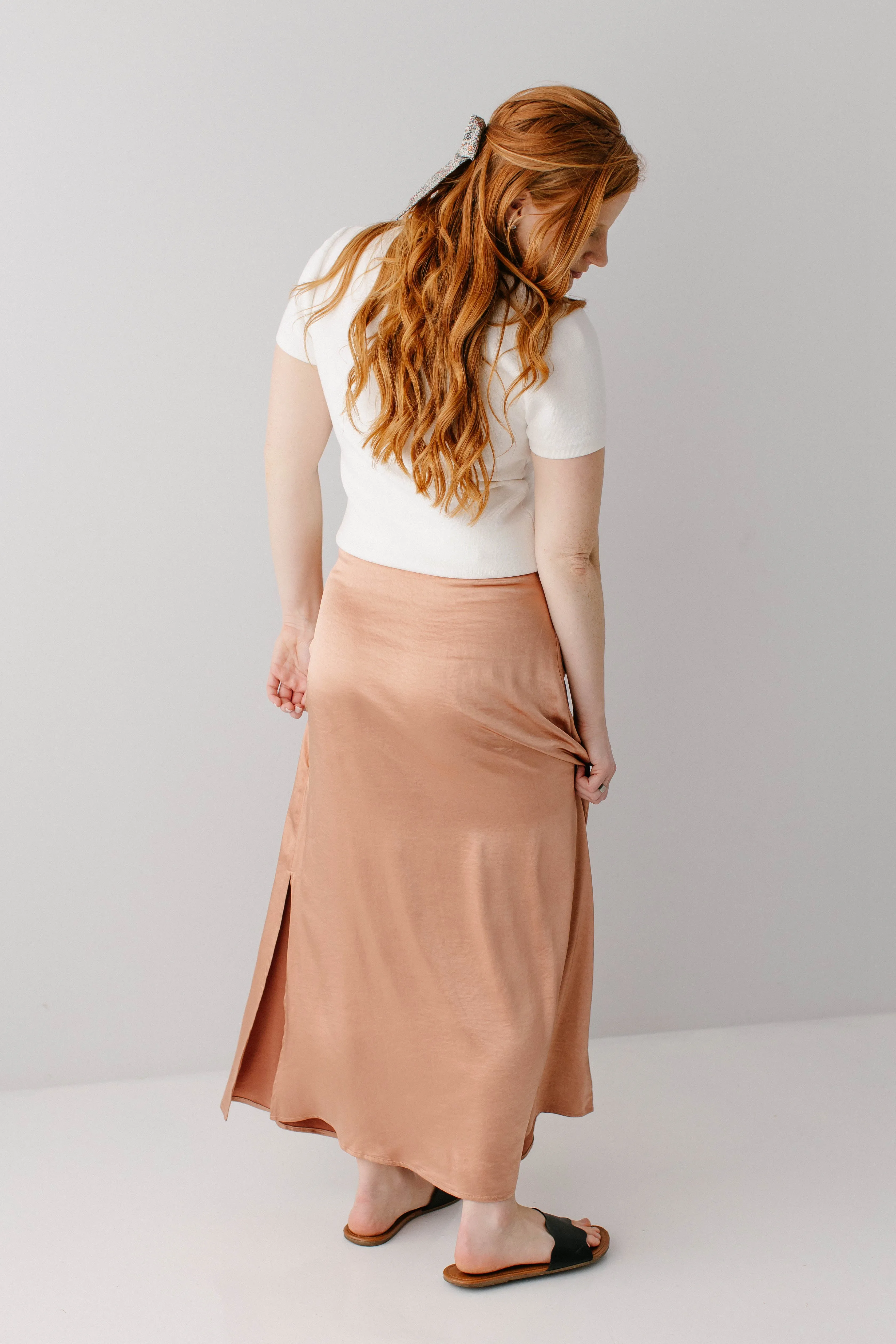 'Jolie' Stretch Satin Midi Skirt in Light Copper FINAL SALE