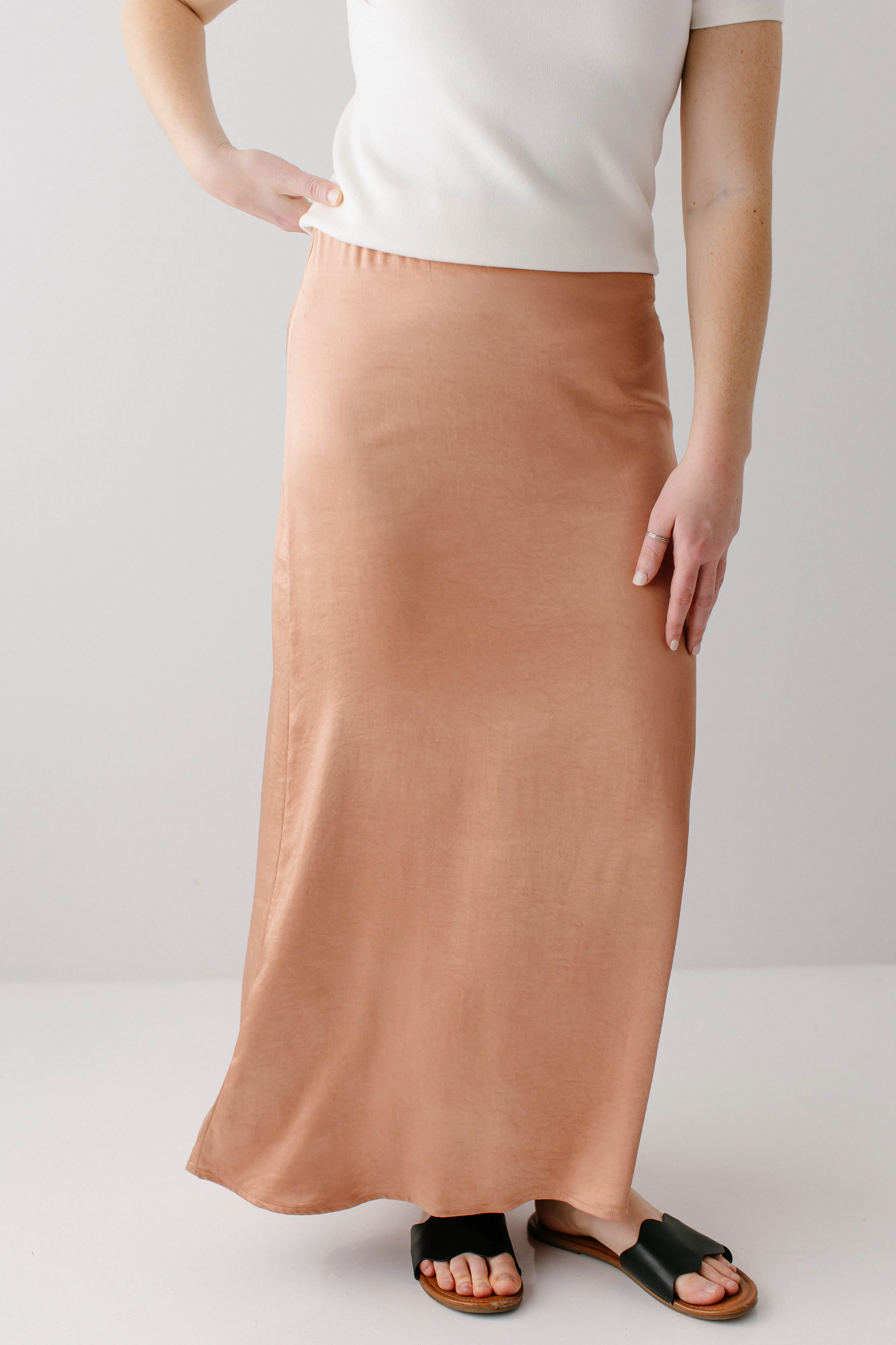 'Jolie' Stretch Satin Midi Skirt in Light Copper FINAL SALE