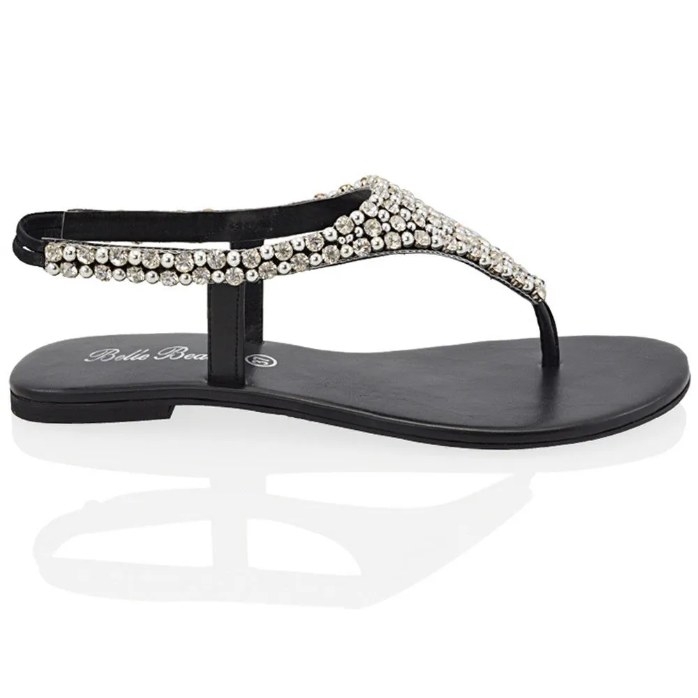 LAUREN DIAMANTE EMBELLISHED TOE POST STRAPPY SLINGBACK SPARKLY FLAT SUMMER SANDALS IN BLACK