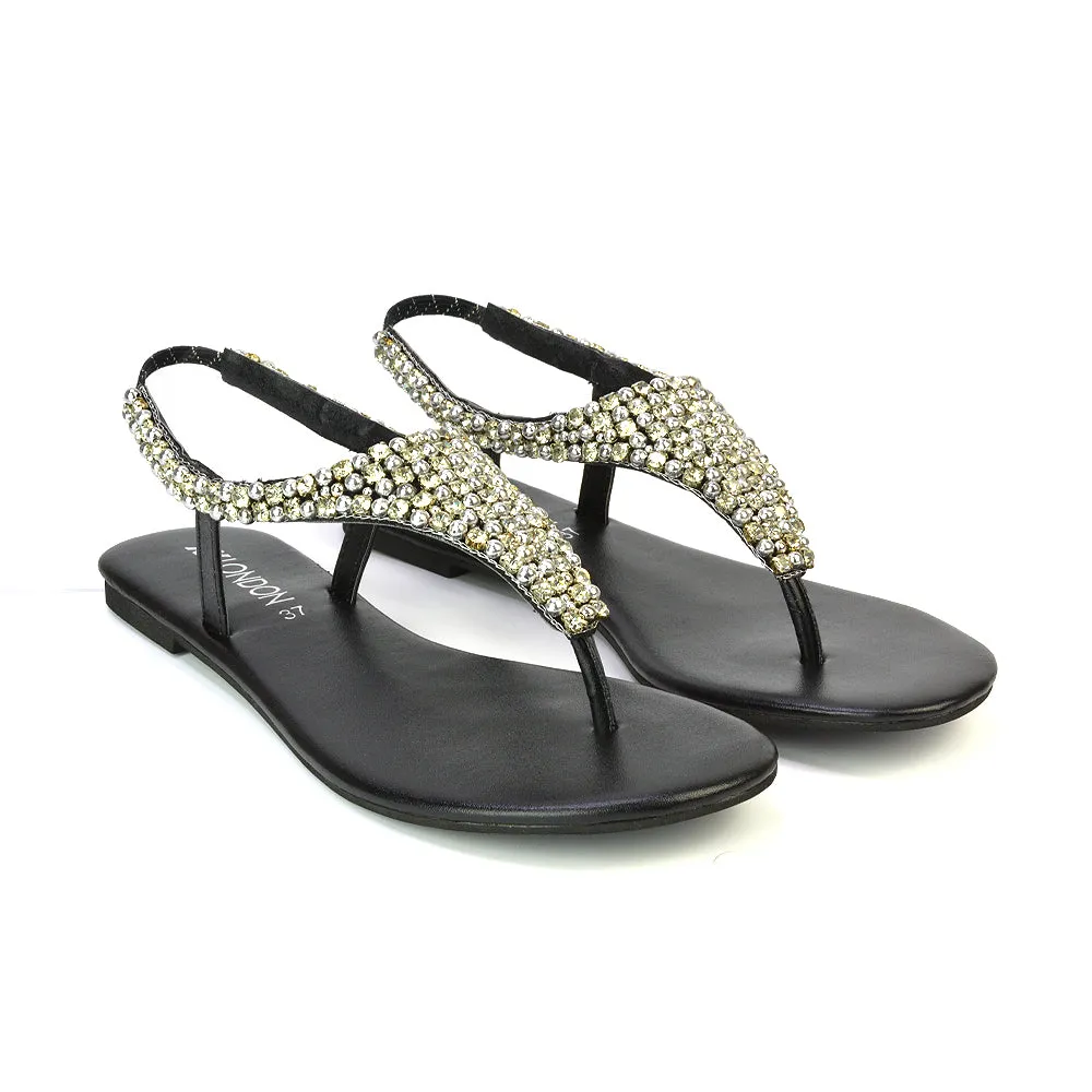 LAUREN DIAMANTE EMBELLISHED TOE POST STRAPPY SLINGBACK SPARKLY FLAT SUMMER SANDALS IN BLACK