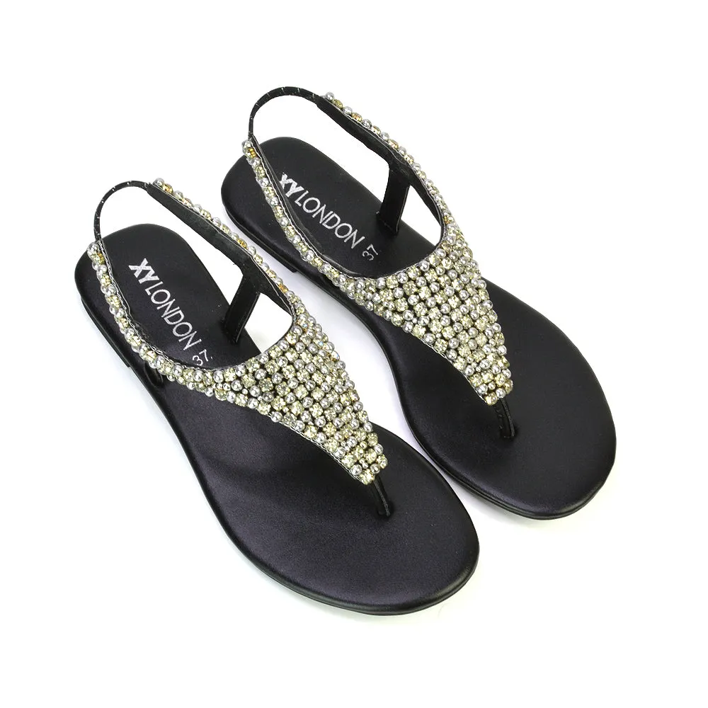 LAUREN DIAMANTE EMBELLISHED TOE POST STRAPPY SLINGBACK SPARKLY FLAT SUMMER SANDALS IN BLACK