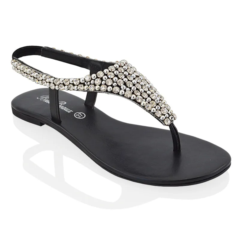 LAUREN DIAMANTE EMBELLISHED TOE POST STRAPPY SLINGBACK SPARKLY FLAT SUMMER SANDALS IN BLACK