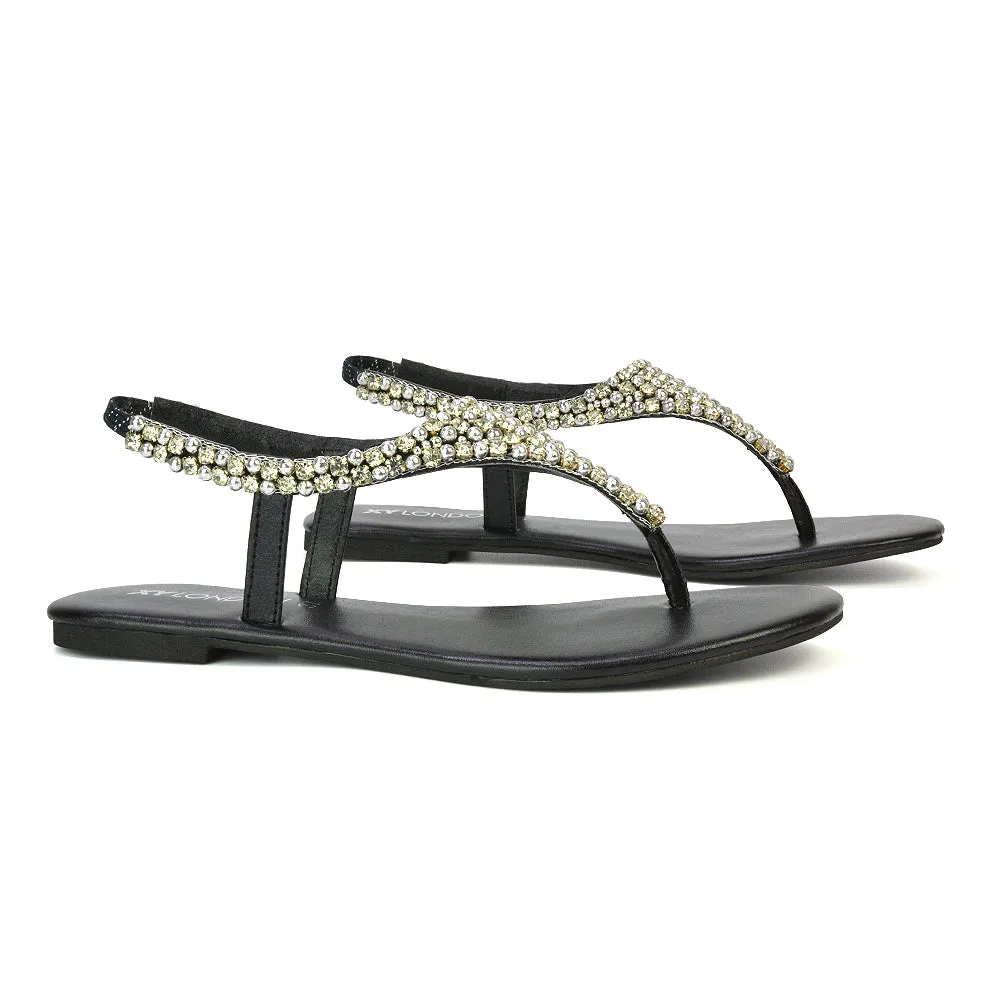 LAUREN DIAMANTE EMBELLISHED TOE POST STRAPPY SLINGBACK SPARKLY FLAT SUMMER SANDALS IN BLACK