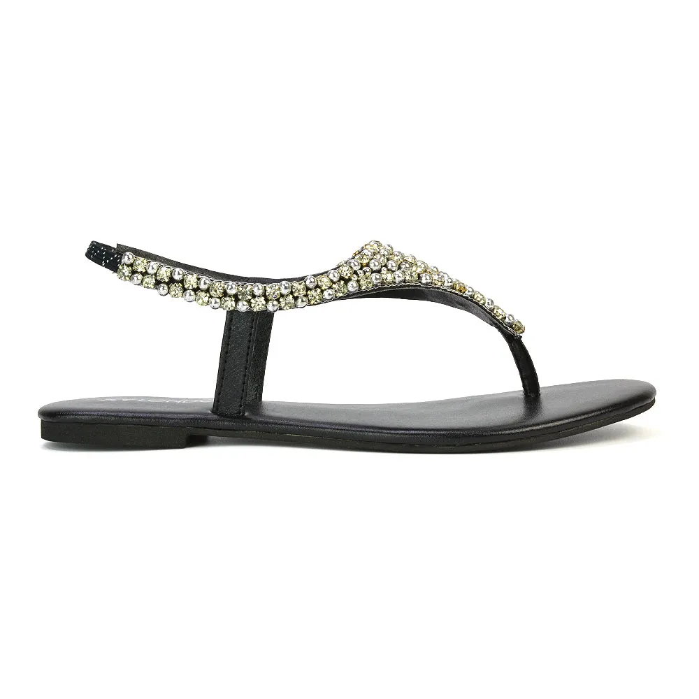 LAUREN DIAMANTE EMBELLISHED TOE POST STRAPPY SLINGBACK SPARKLY FLAT SUMMER SANDALS IN BLACK