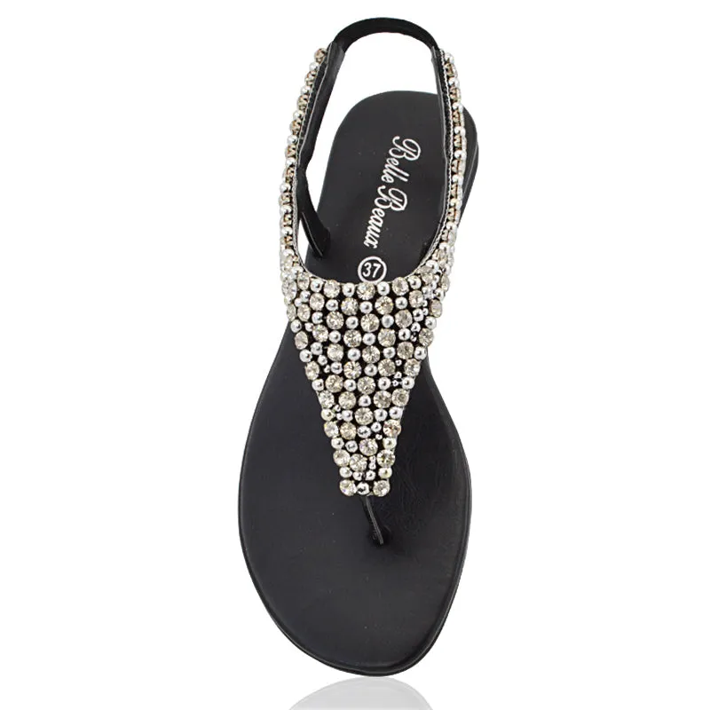 LAUREN DIAMANTE EMBELLISHED TOE POST STRAPPY SLINGBACK SPARKLY FLAT SUMMER SANDALS IN BLACK