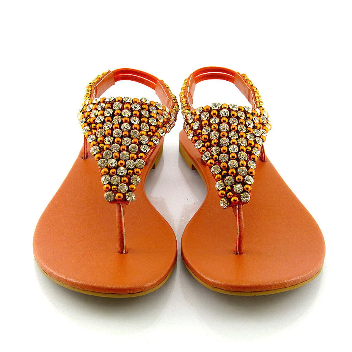 LAUREN DIAMANTE EMBELLISHED TOE POST STRAPPY SLINGBACK SPARKLY FLAT SUMMER SANDALS IN ORANGE