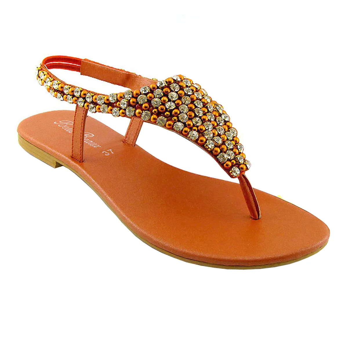 LAUREN DIAMANTE EMBELLISHED TOE POST STRAPPY SLINGBACK SPARKLY FLAT SUMMER SANDALS IN ORANGE