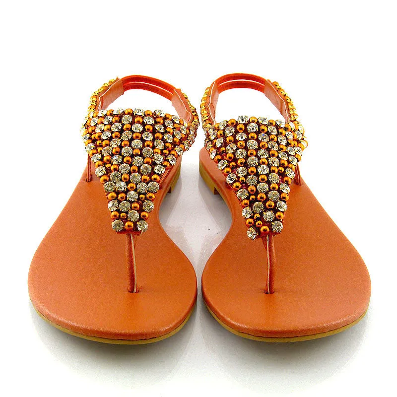 LAUREN DIAMANTE EMBELLISHED TOE POST STRAPPY SLINGBACK SPARKLY FLAT SUMMER SANDALS IN ORANGE