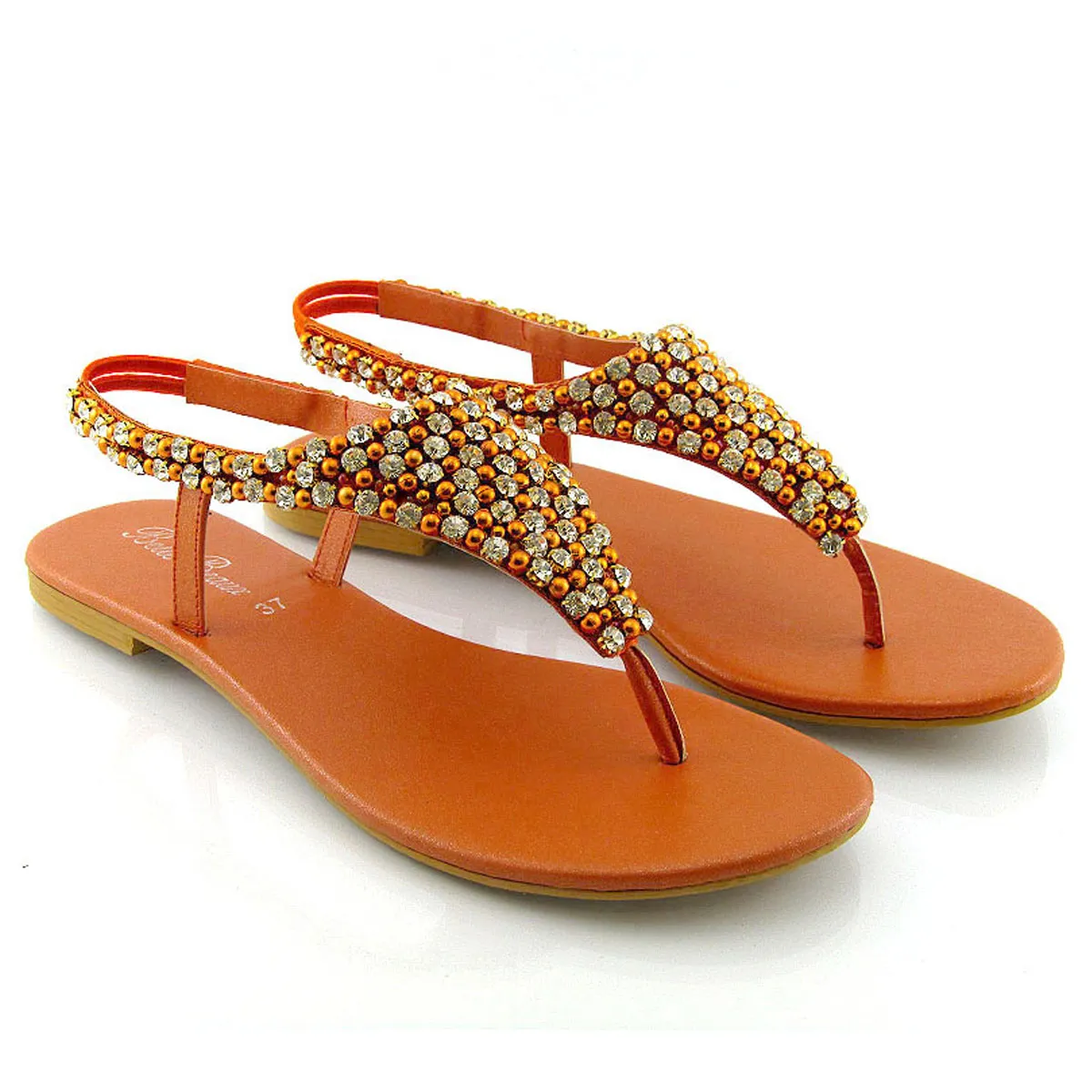 LAUREN DIAMANTE EMBELLISHED TOE POST STRAPPY SLINGBACK SPARKLY FLAT SUMMER SANDALS IN ORANGE