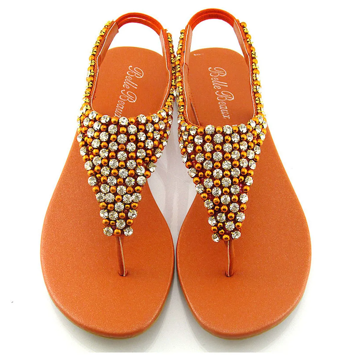 LAUREN DIAMANTE EMBELLISHED TOE POST STRAPPY SLINGBACK SPARKLY FLAT SUMMER SANDALS IN ORANGE