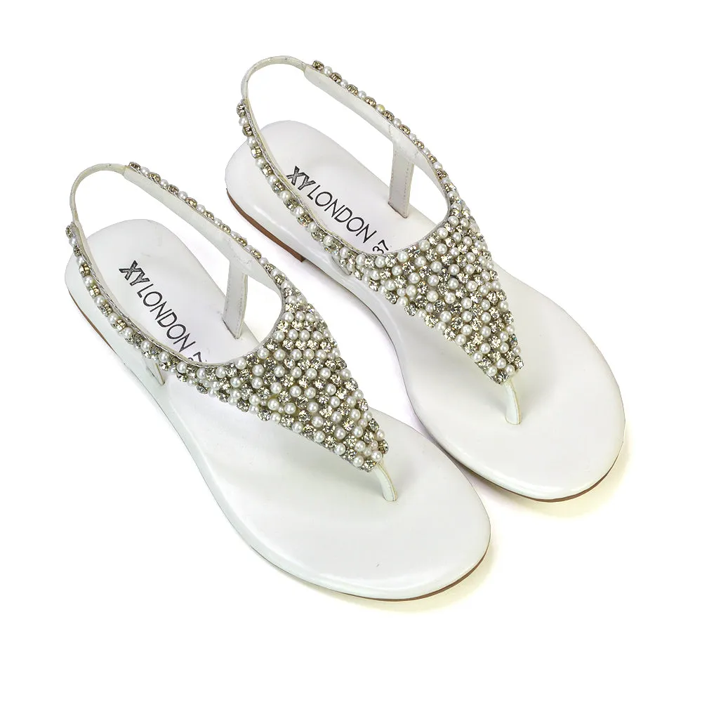 LAUREN DIAMANTE EMBELLISHED TOE POST STRAPPY SLINGBACK SPARKLY FLAT SUMMER SANDALS IN WHITE