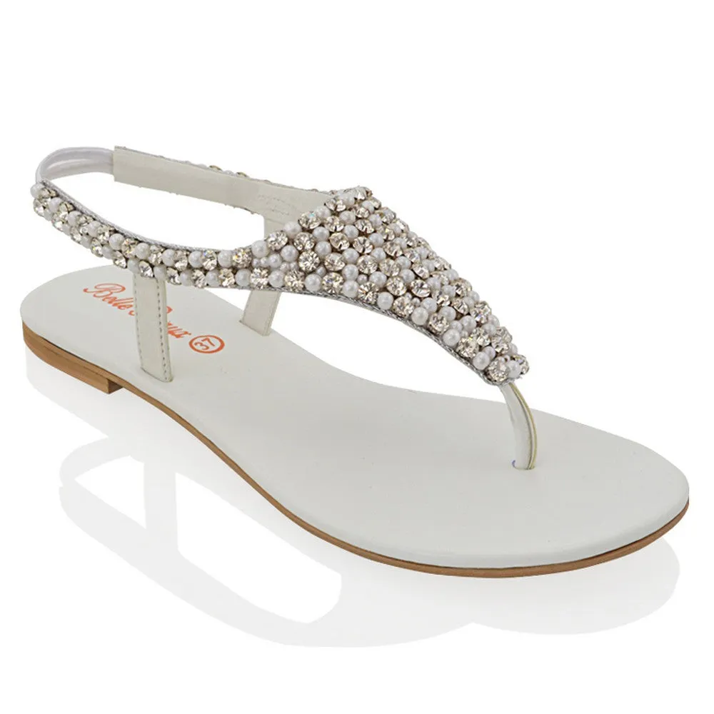 LAUREN DIAMANTE EMBELLISHED TOE POST STRAPPY SLINGBACK SPARKLY FLAT SUMMER SANDALS IN WHITE