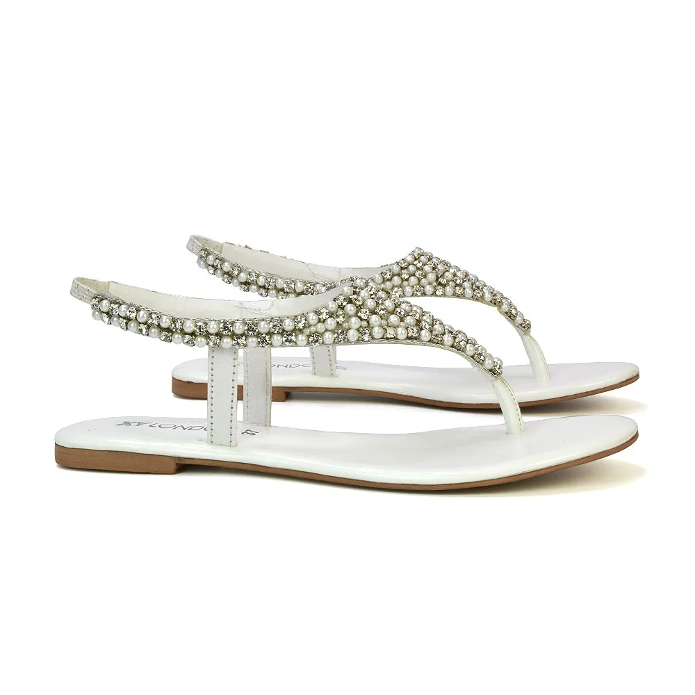 LAUREN DIAMANTE EMBELLISHED TOE POST STRAPPY SLINGBACK SPARKLY FLAT SUMMER SANDALS IN WHITE