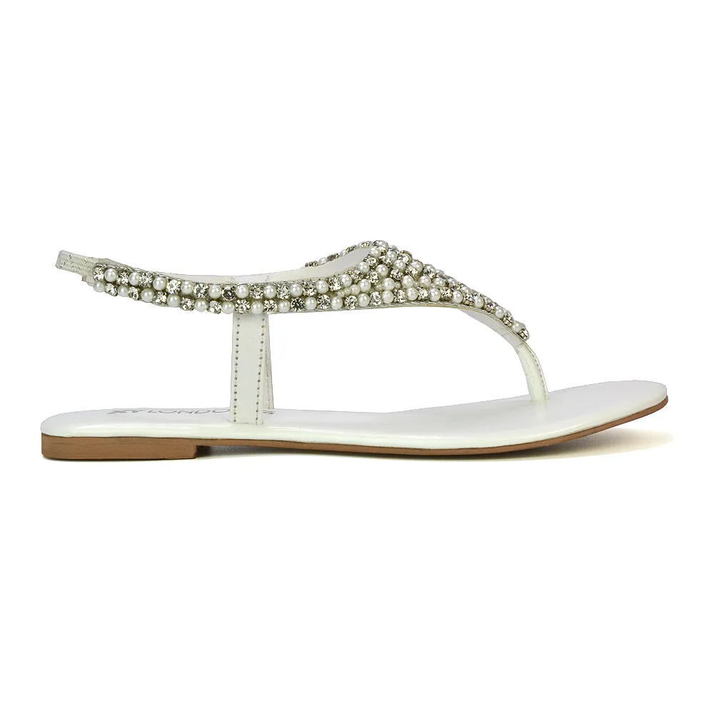 LAUREN DIAMANTE EMBELLISHED TOE POST STRAPPY SLINGBACK SPARKLY FLAT SUMMER SANDALS IN WHITE