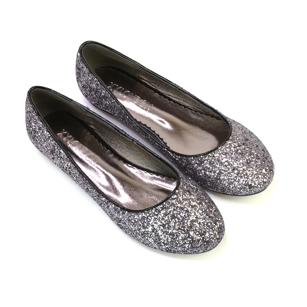 MALEFICENT FLAT BLOCK HIGH HEELED SLIP ON BALLERINA PUMP SHOES IN BLACK GLITTER