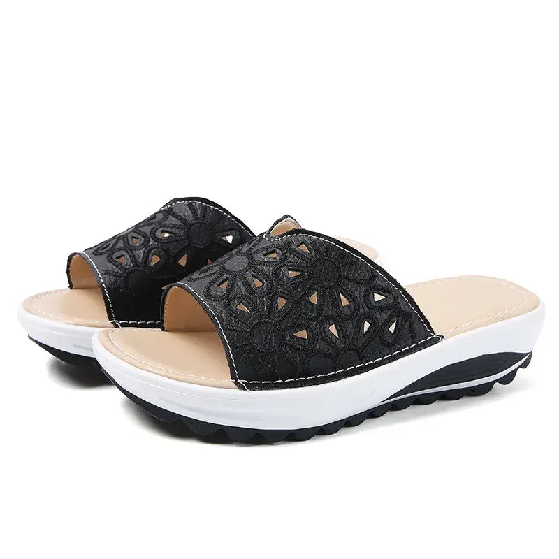 OCW Genuine Leather Slippers Platform Wedges Casual Soft Sandals For Women