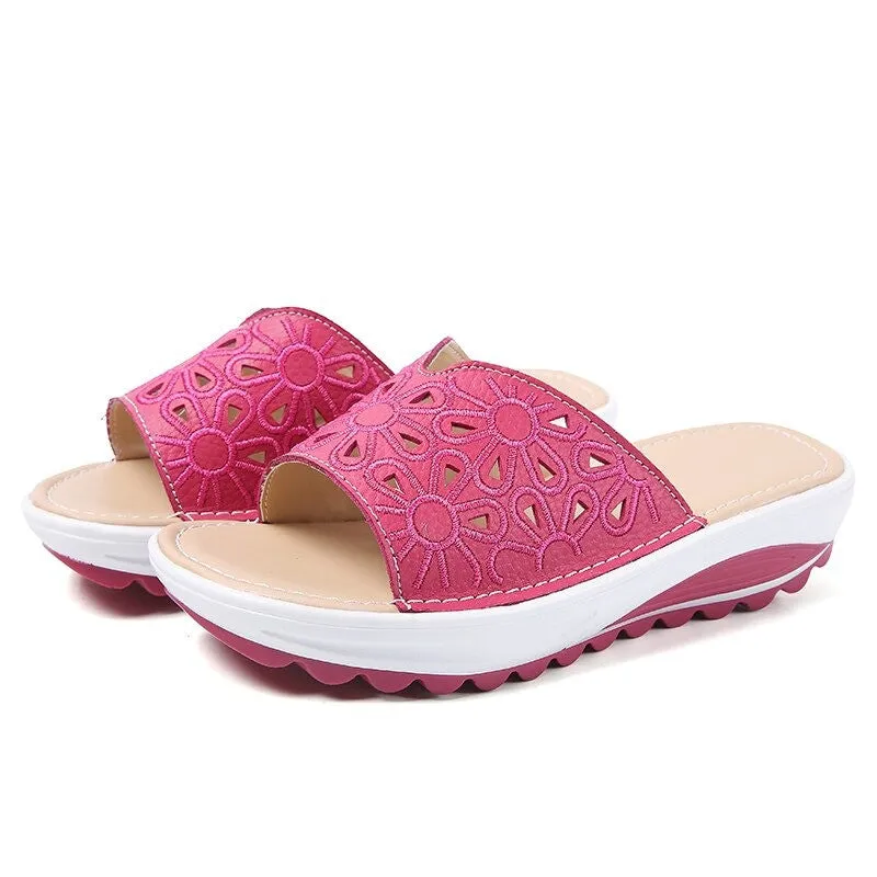 OCW Genuine Leather Slippers Platform Wedges Casual Soft Sandals For Women