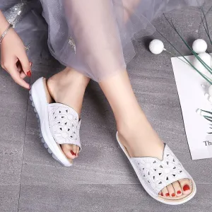 OCW Genuine Leather Slippers Platform Wedges Casual Soft Sandals For Women