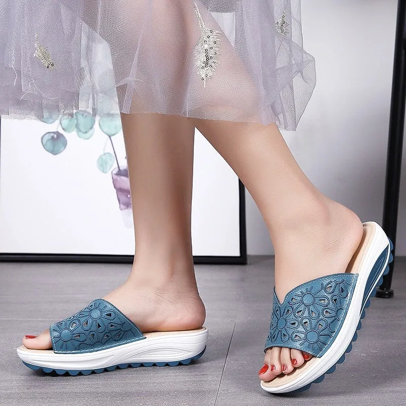 OCW Genuine Leather Slippers Platform Wedges Casual Soft Sandals For Women