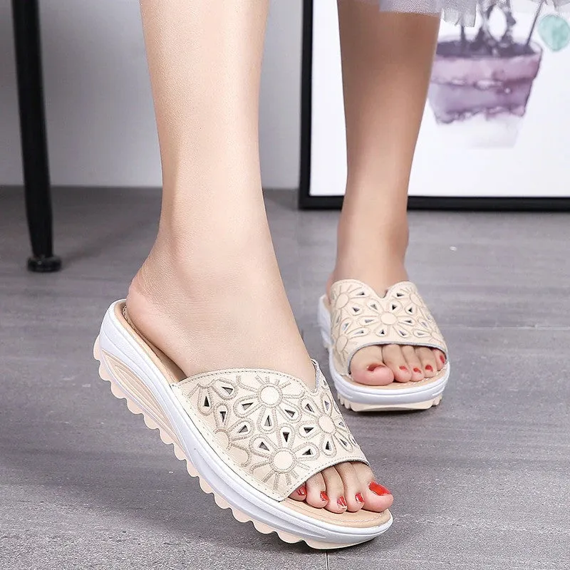 OCW Genuine Leather Slippers Platform Wedges Casual Soft Sandals For Women