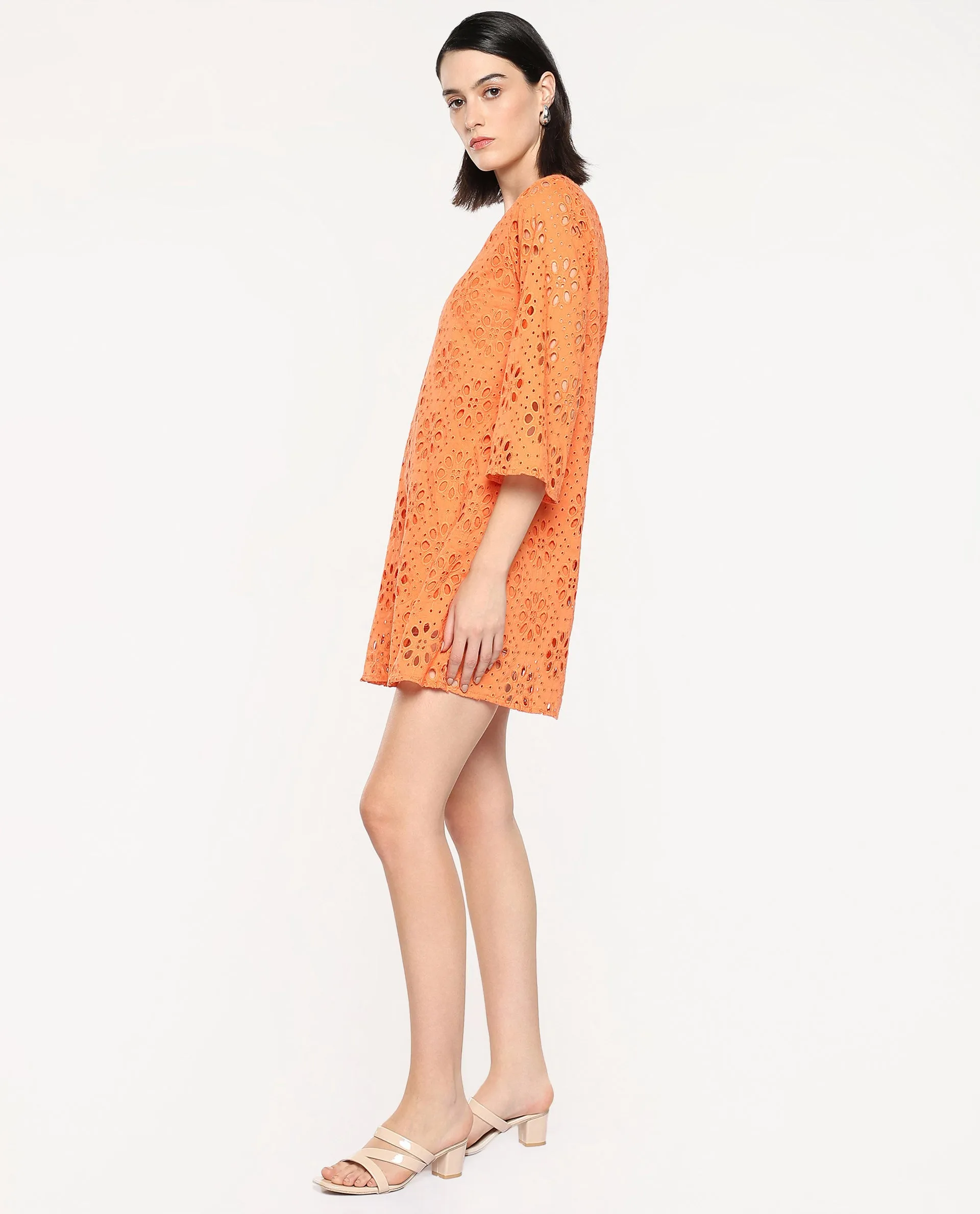 Rareism Women Hoiter Orange Cotton Fabric Regular Sleeves Boat Neck Solid MINI Dress