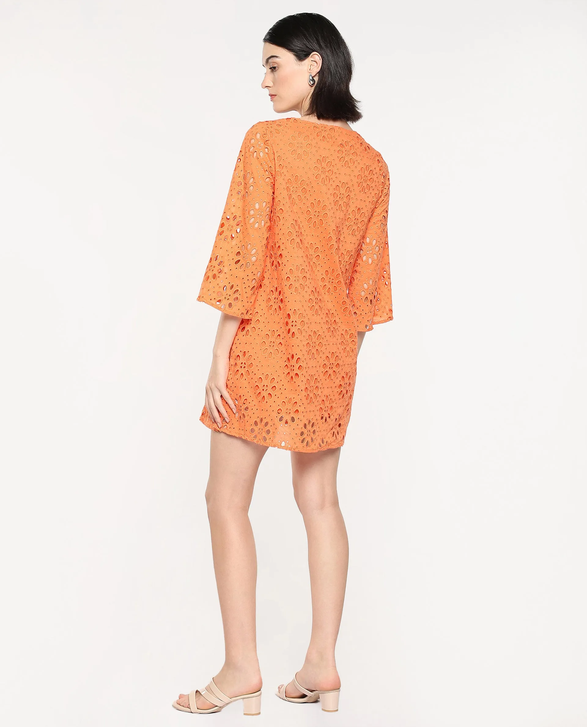 Rareism Women Hoiter Orange Cotton Fabric Regular Sleeves Boat Neck Solid MINI Dress