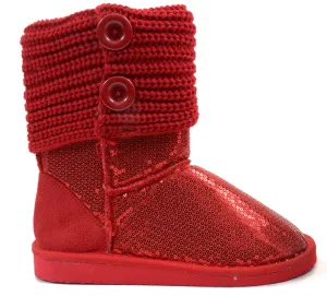 Sequin Crochet Slouchy Knit Sweater Button Flat Boot Red