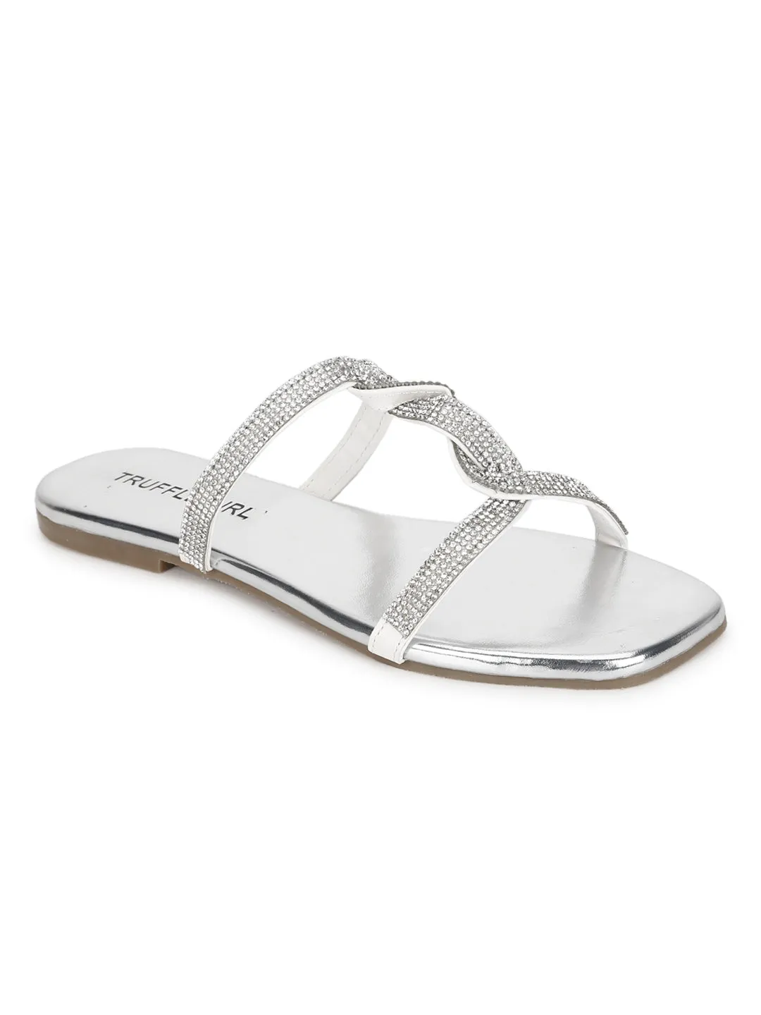 Silver PU Twisted Diamante Strap Slip Ons (TC-ST-1218-SIL)