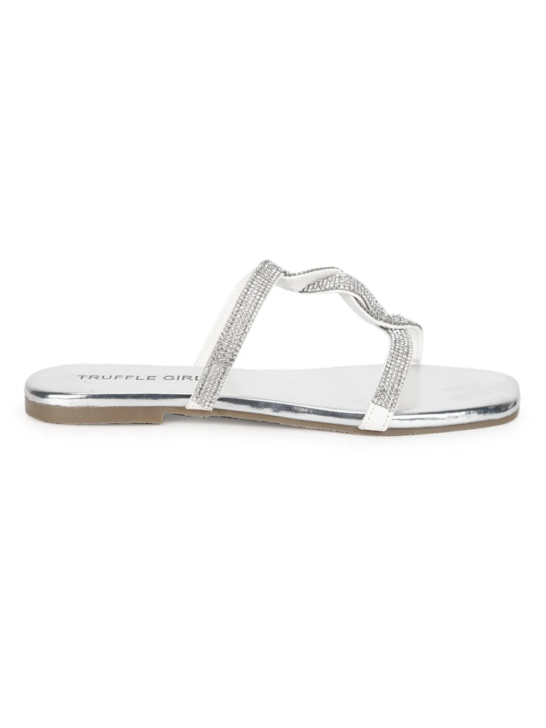 Silver PU Twisted Diamante Strap Slip Ons (TC-ST-1218-SIL)