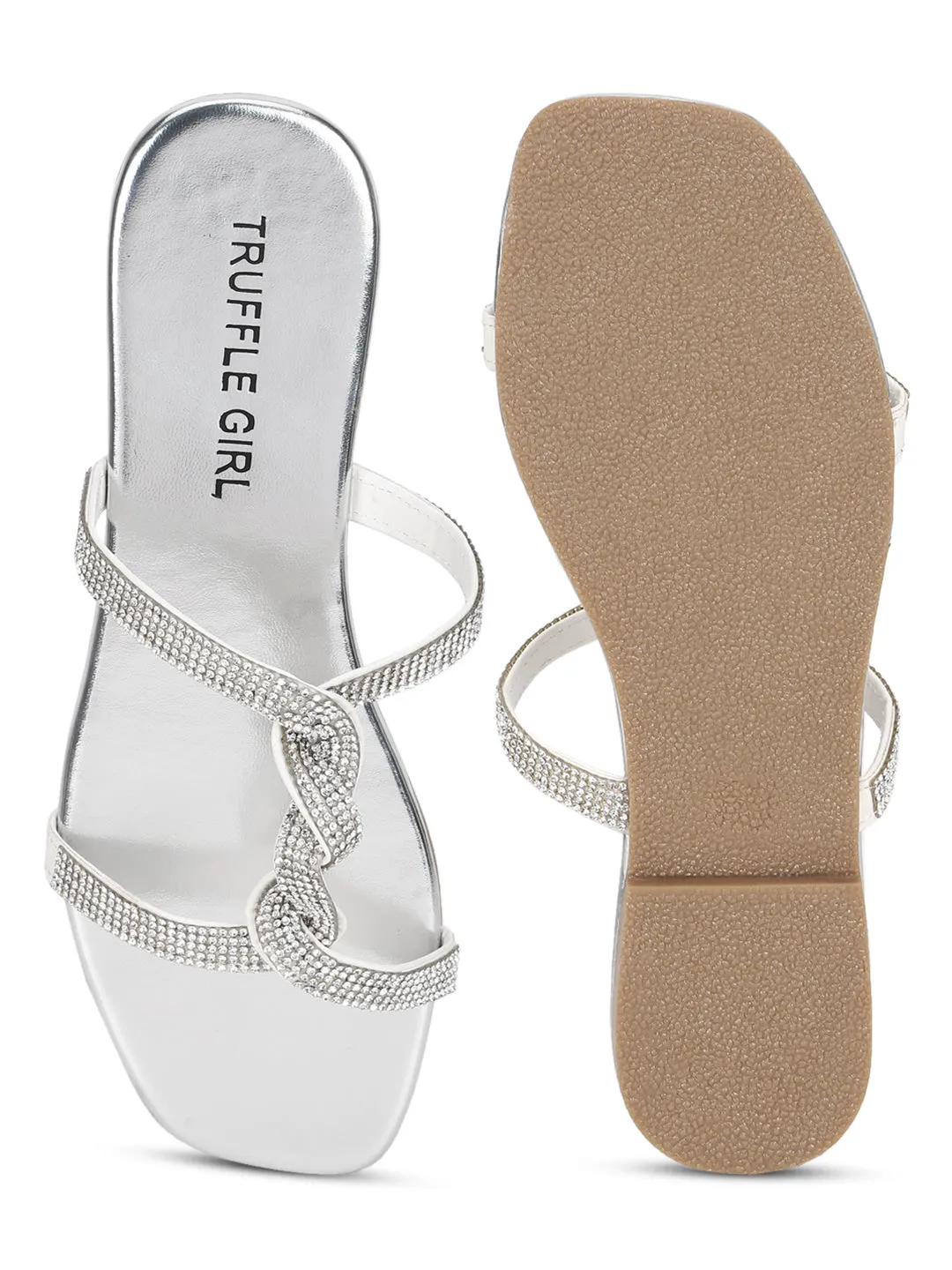 Silver PU Twisted Diamante Strap Slip Ons (TC-ST-1218-SIL)