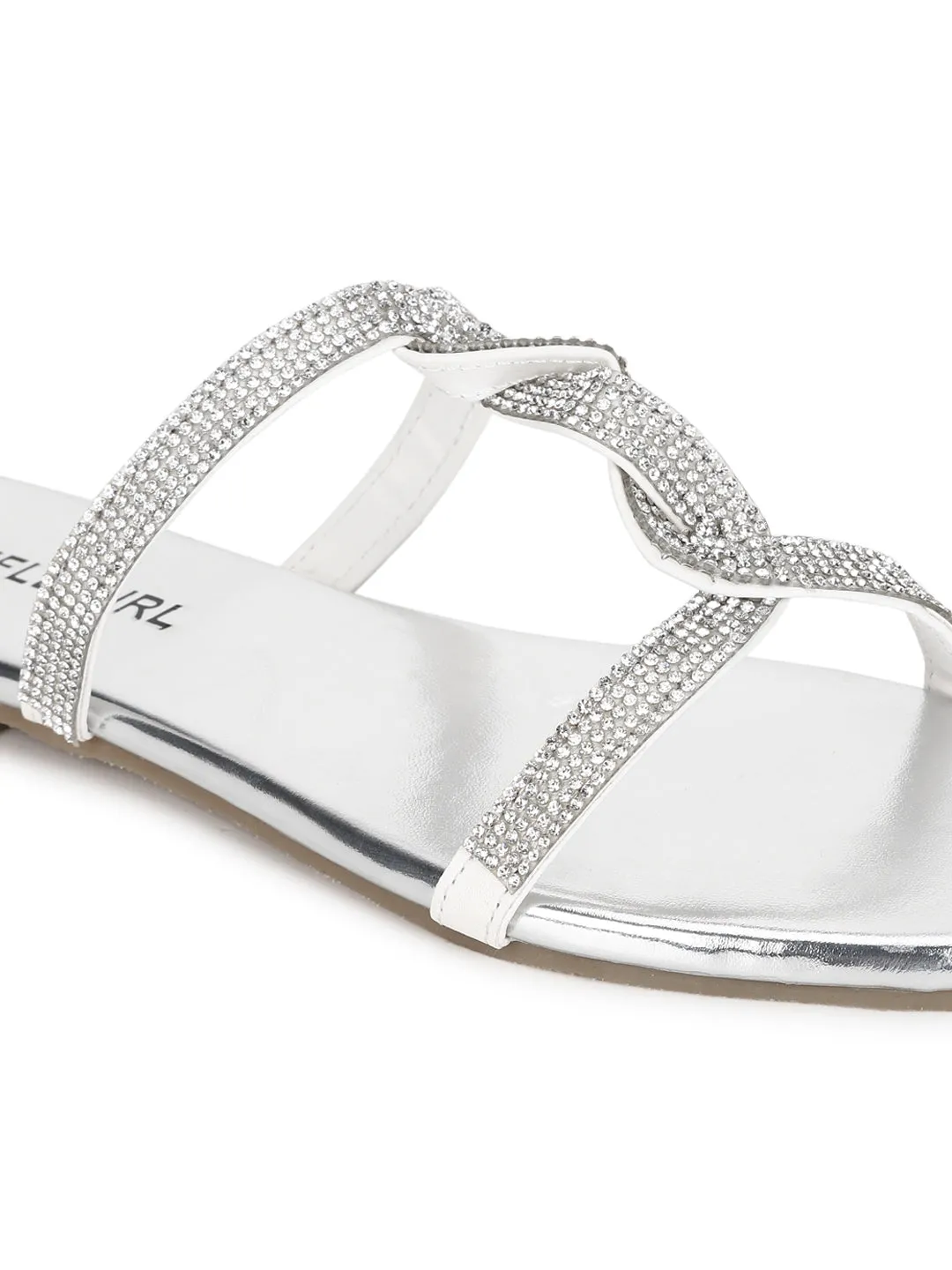 Silver PU Twisted Diamante Strap Slip Ons (TC-ST-1218-SIL)