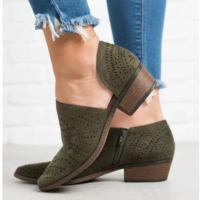 Summer hollowed pointed toe booties side cut out low heel ankle boots