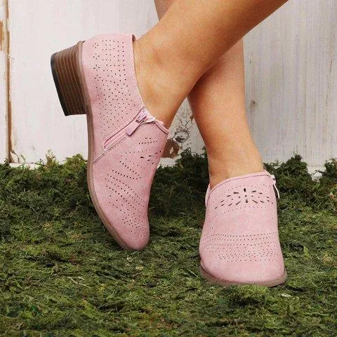 Summer hollowed pointed toe booties side cut out low heel ankle boots