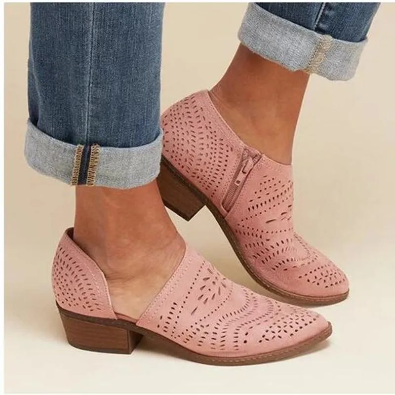 Summer hollowed pointed toe booties side cut out low heel ankle boots