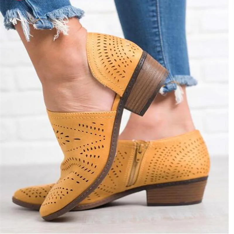 Summer hollowed pointed toe booties side cut out low heel ankle boots